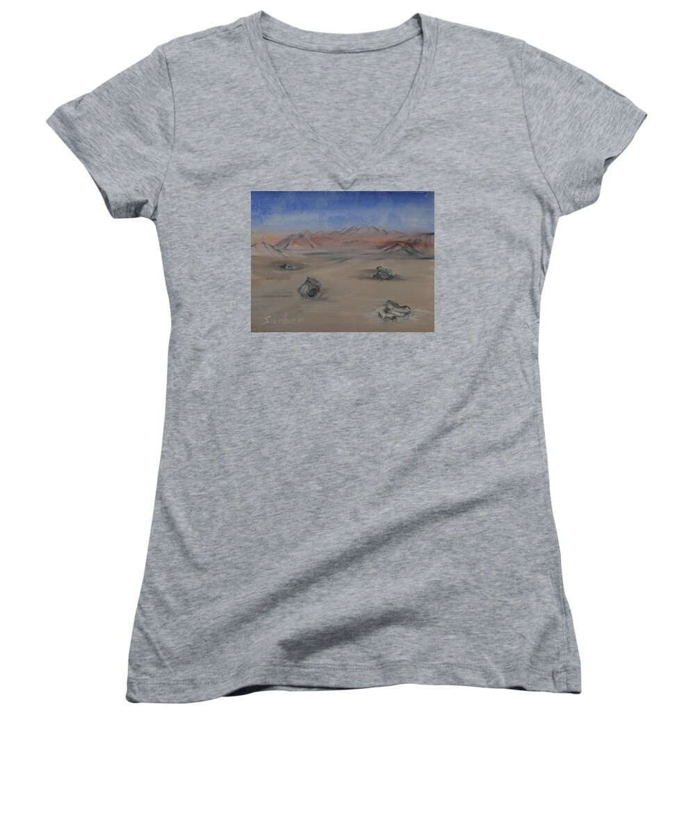 Landscape Art Women's V-Neck featuring the painting Moving Rocks by Suzanne Surber