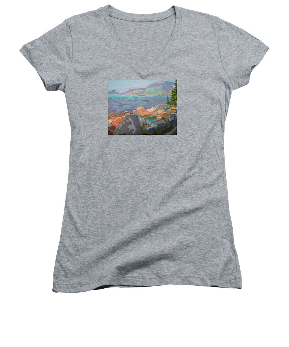 Landscape Women's V-Neck featuring the painting Mt. Desert from Schoodic Point by Francine Frank