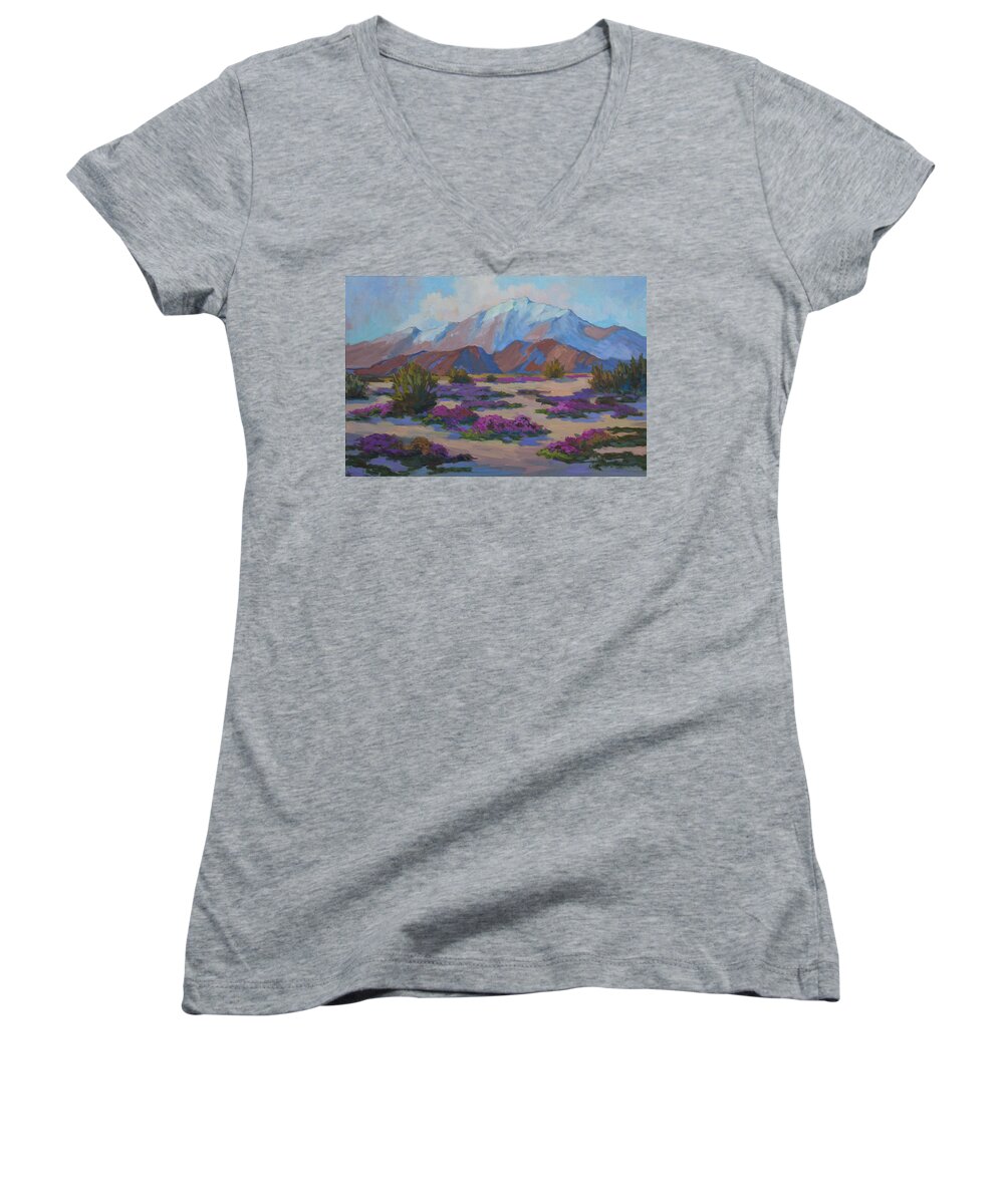 Mt. San Jacinto Women's V-Neck featuring the painting Mt. San Jacinto and Verbena by Diane McClary