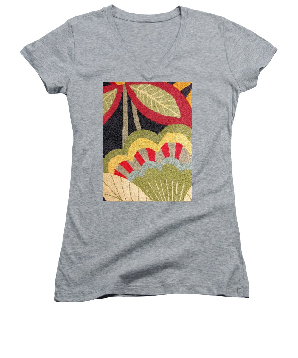 Red Women's V-Neck featuring the photograph Multi-colored Flowers Leaves Textile by Janette Boyd