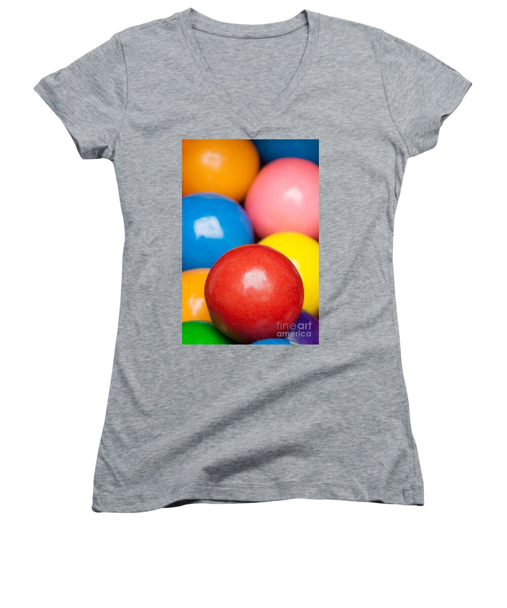 Childhood Women's V-Neck featuring the photograph Multi-colored gumballs by Bryan Mullennix