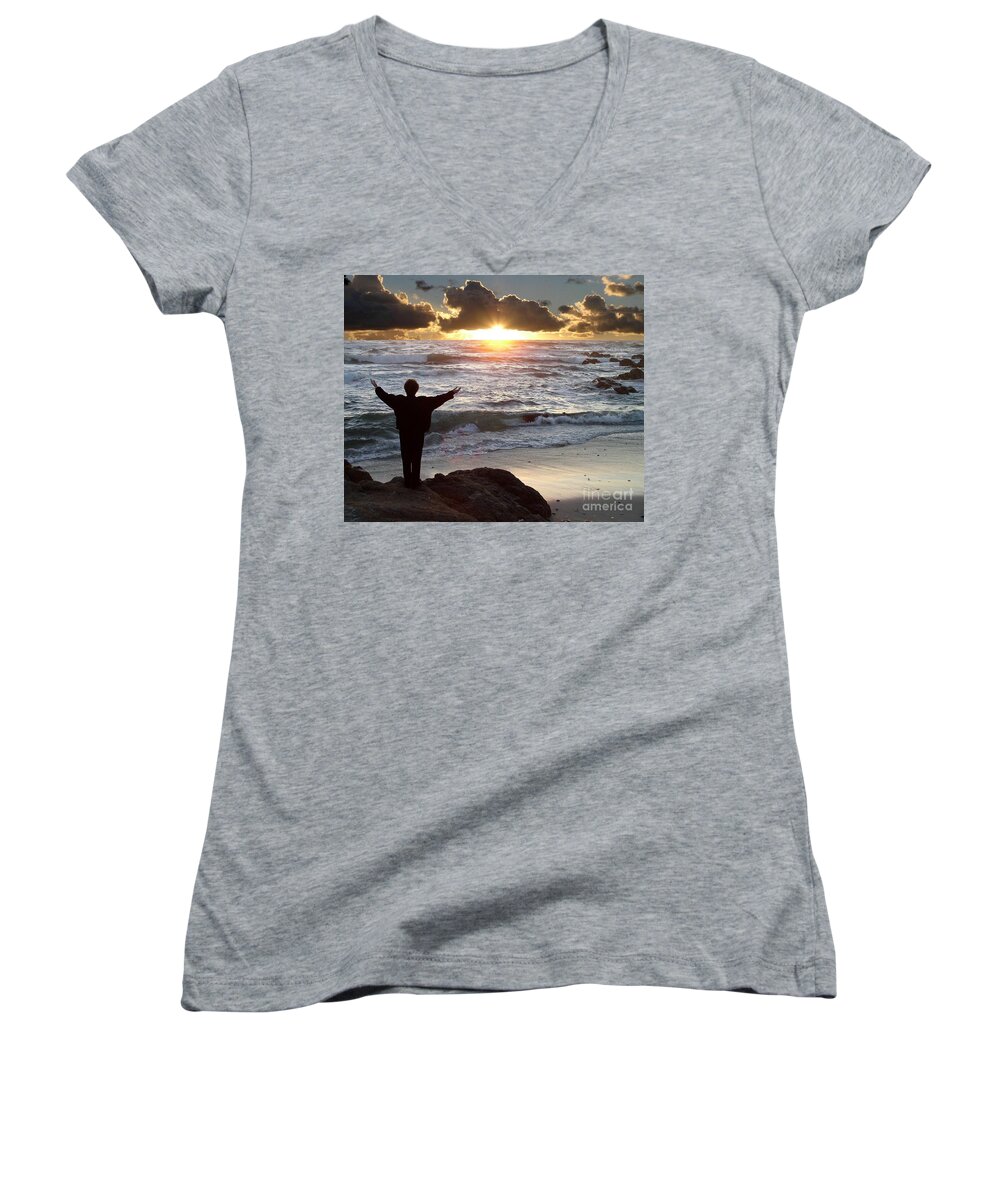 Sunset Women's V-Neck featuring the photograph Namaste the Day by Bev Conover