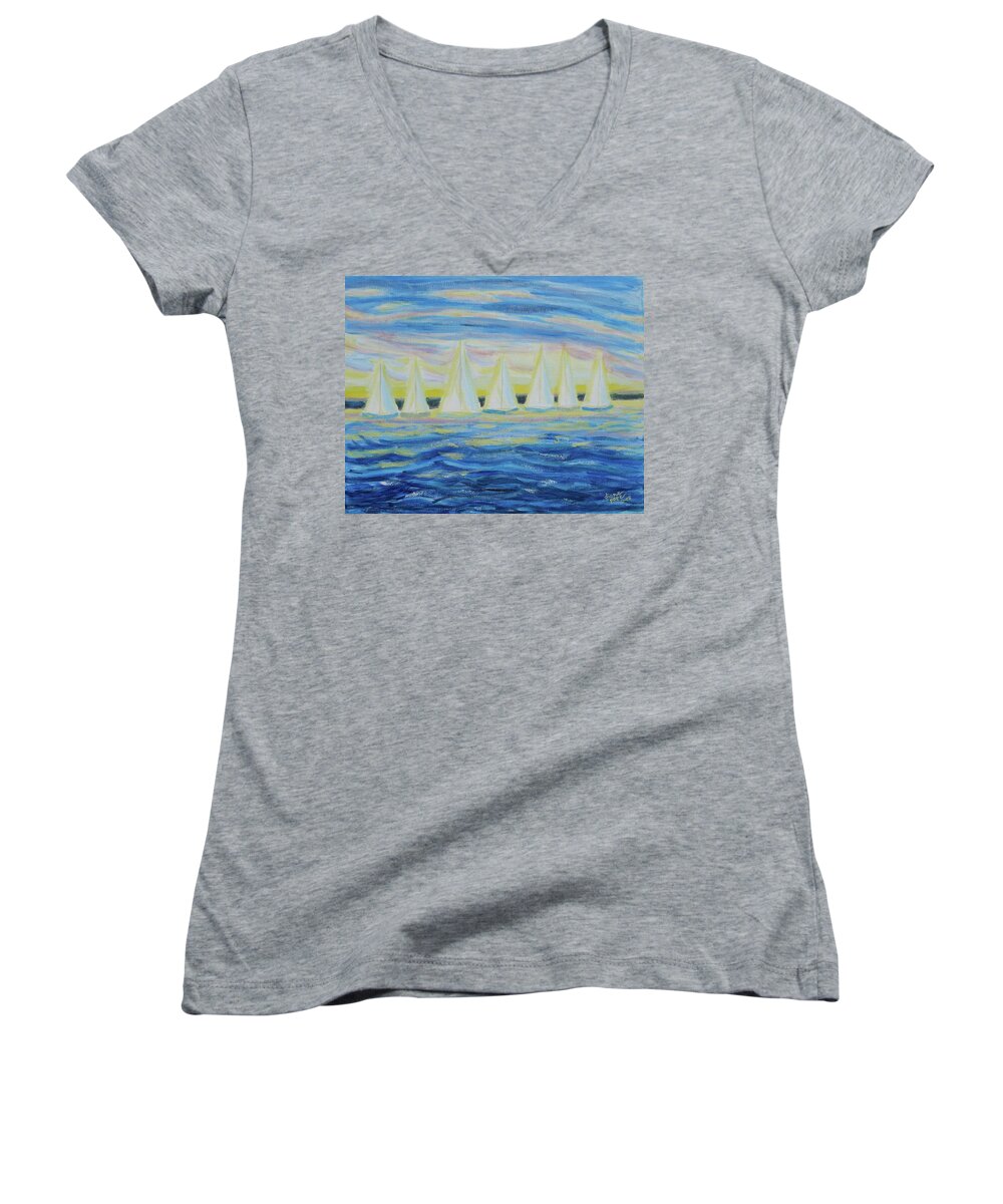 Nantucket Women's V-Neck featuring the painting Nantucket Sunrise by Diane Pape