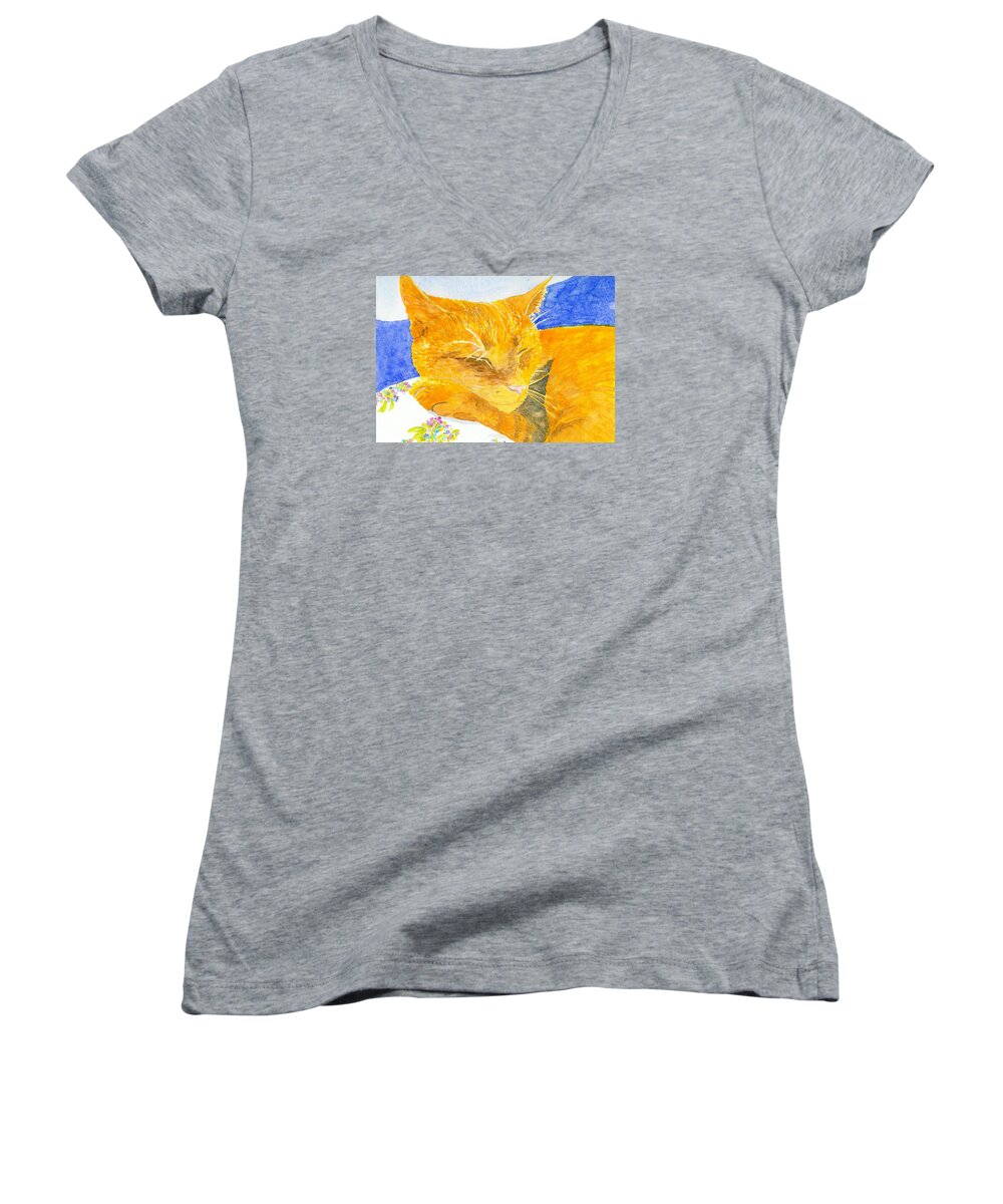 Cat Women's V-Neck featuring the painting Nappy Cat by Anne Marie Brown