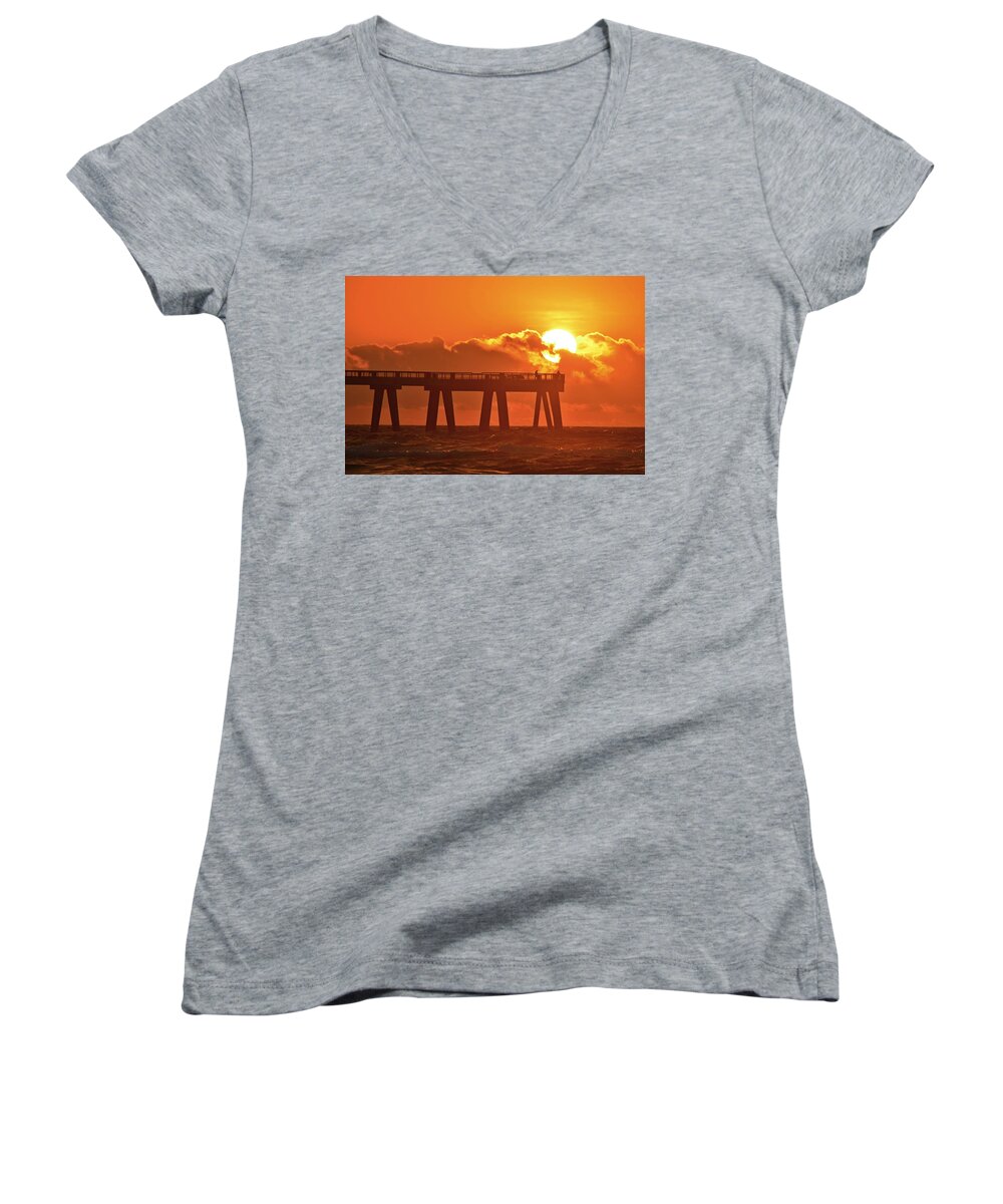 Navarre Pier Women's V-Neck featuring the photograph Navarre Pier at Sunrise with Fishermen by Jeff at JSJ Photography