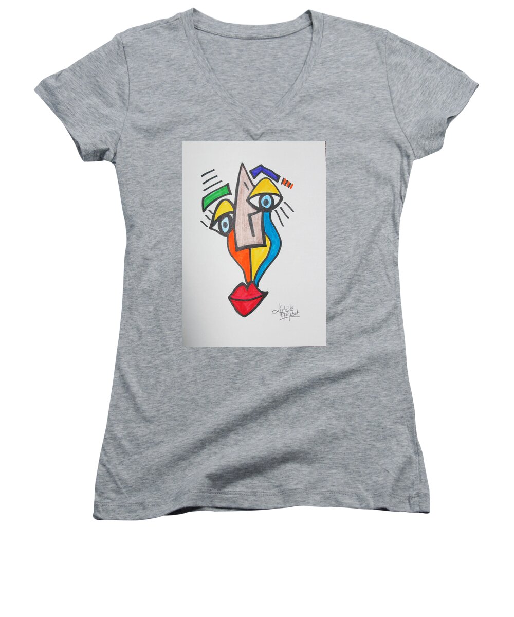Face Women's V-Neck featuring the mixed media New Collection September 2014 by Artista Elisabet