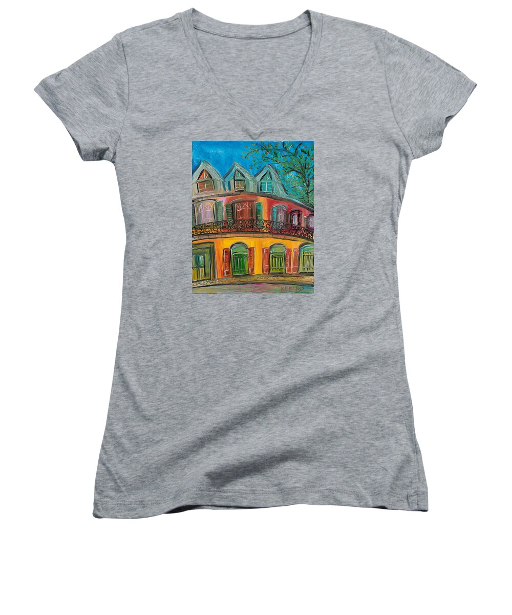 Colorful New Orleans Women's V-Neck featuring the painting New Orleans Hotel by Kerin Beard