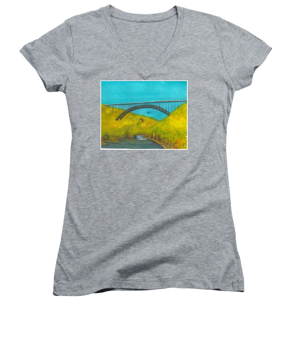 New River Gorge Women's V-Neck featuring the painting New River Gorge Bridge on Bridge Day by David Bartsch