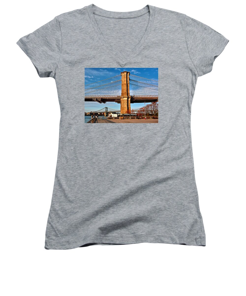 Amazing Brooklyn Bridge Photos Women's V-Neck featuring the photograph New York Bridges Lit by Golden Sunset by Mitchell R Grosky