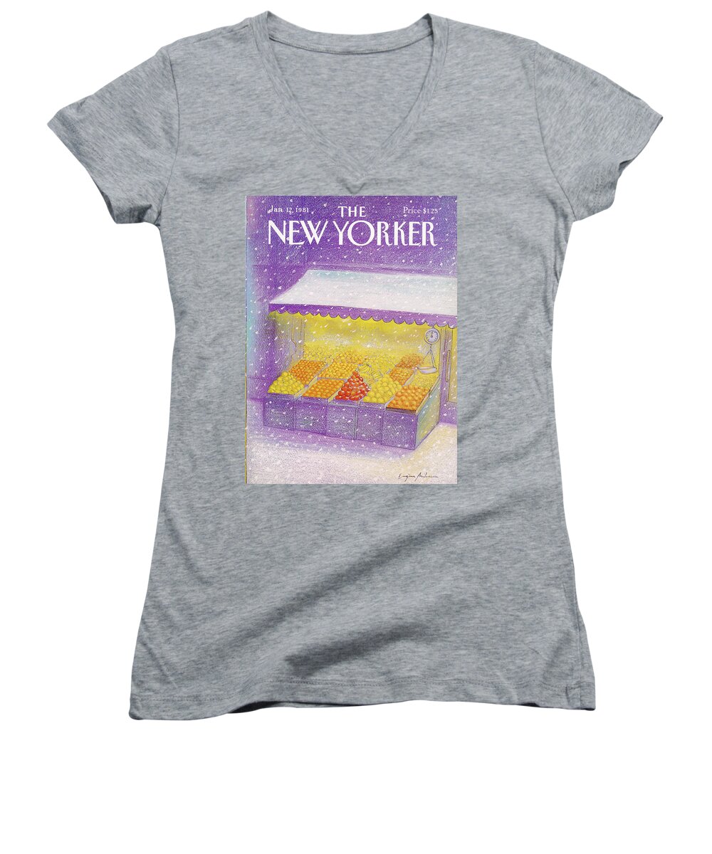 Season Women's V-Neck featuring the painting New Yorker January 12th, 1981 by Eugene Mihaesco