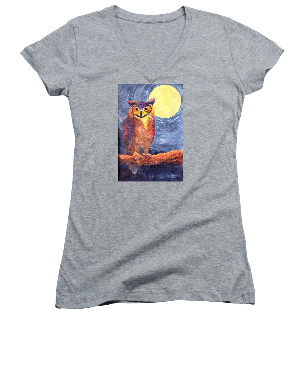 Owl Women's V-Neck featuring the painting Night Owl by Nancy Jolley