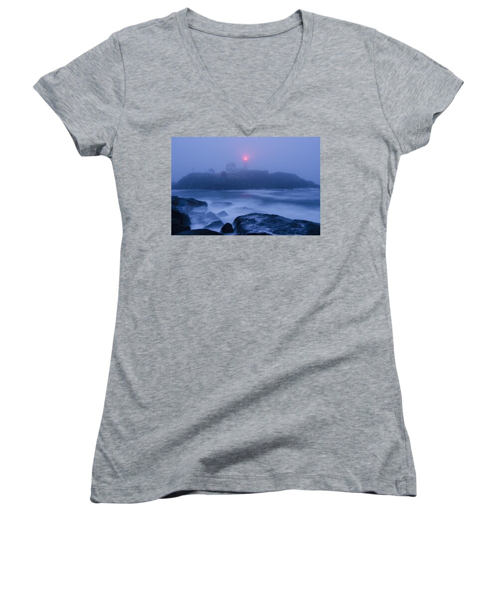 Nubble Lighthouse Women's V-Neck featuring the photograph Nubble Light in Foggy Dawn by Donna Doherty