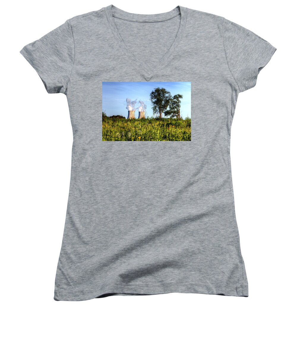 Byron Nuclear Plant Hdr Women's V-Neck featuring the photograph Nuclear HDR4 by Josh Bryant