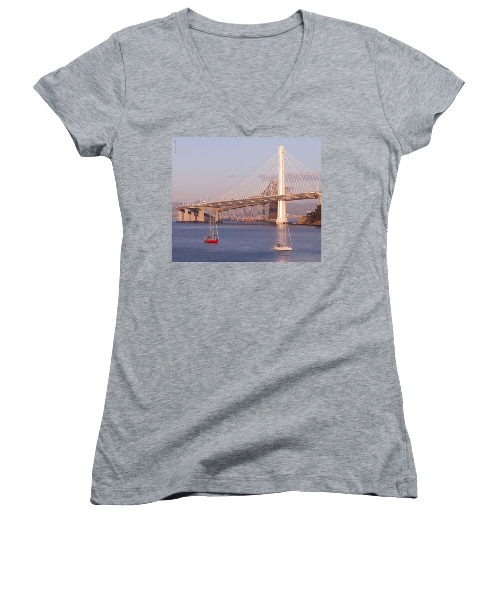 California Women's V-Neck featuring the photograph Oakland Bridge by Alexander Fedin