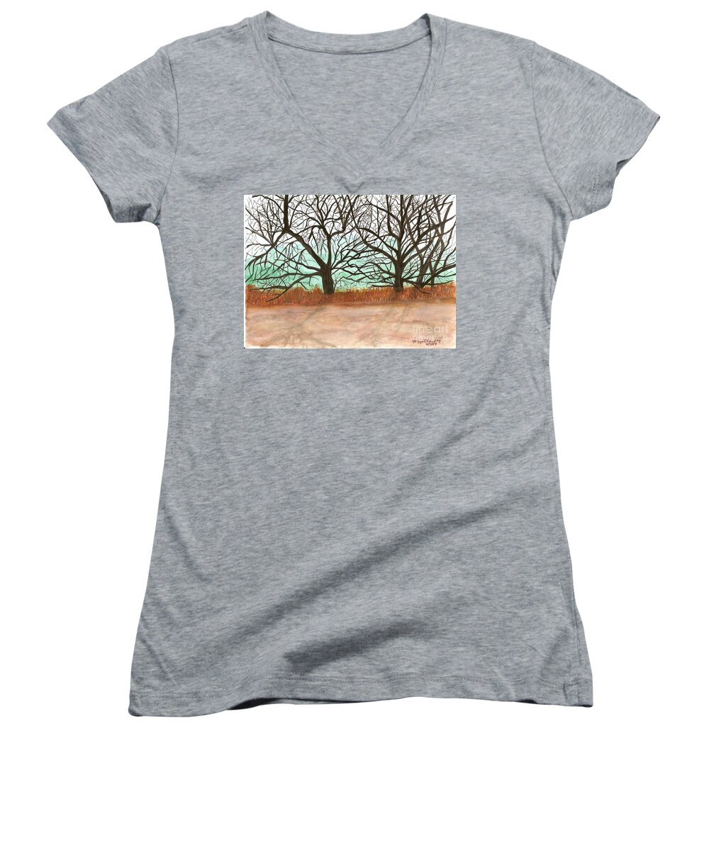 Landscape On Top Of Palomar Mountain Women's V-Neck featuring the painting Oaktrees On Palomar Mountain Ca by Myrtle Joy