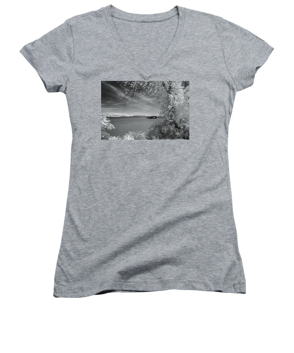 Barge Women's V-Neck featuring the photograph Ohio River by Mary Almond