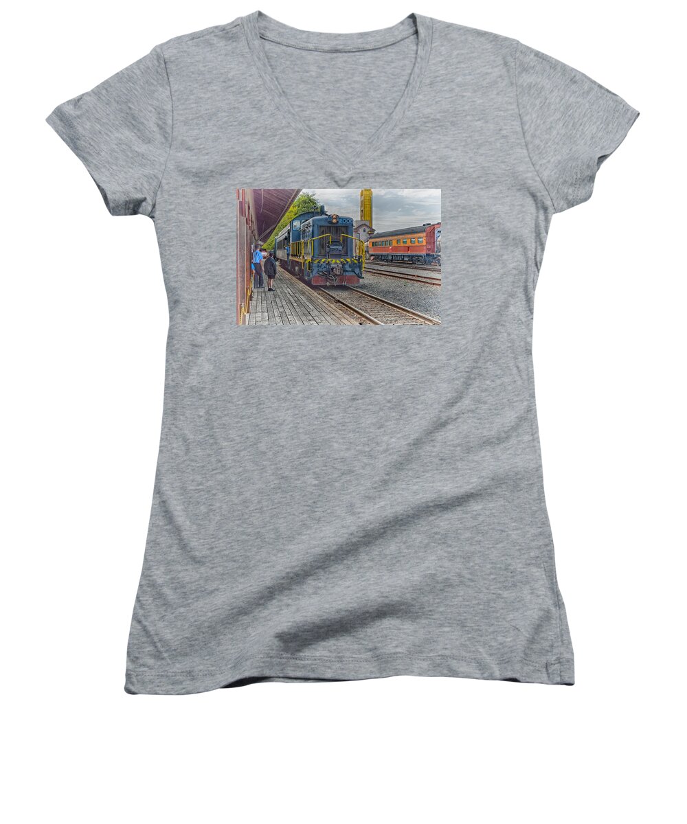 California Women's V-Neck featuring the photograph Old Town Sacramento Railroad by Jim Thompson