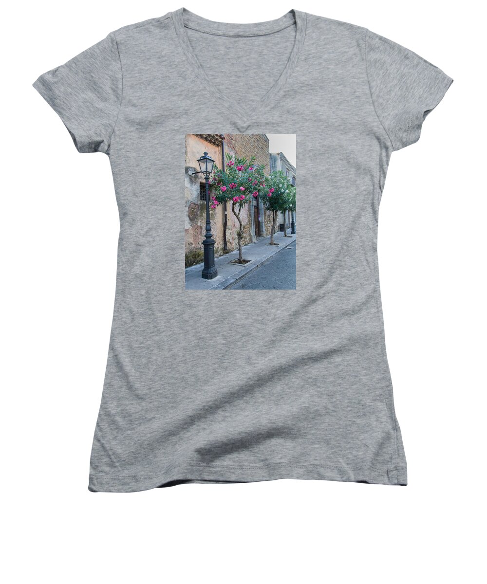Italy Women's V-Neck featuring the photograph Oleander Trees in Castelbuono Sicily by Alan Toepfer