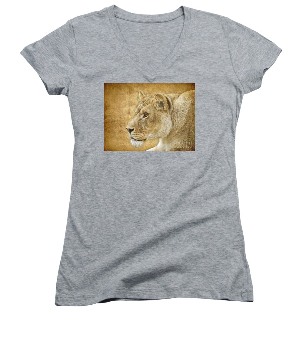 Lion Women's V-Neck featuring the photograph On Target by Steve McKinzie