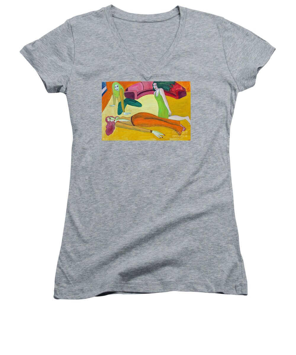 Expressionism Women's V-Neck featuring the painting On The Floor by Lyric Lucas
