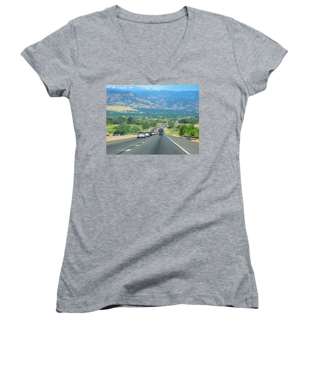 Denver Women's V-Neck featuring the photograph On the Road by Nicola Nobile