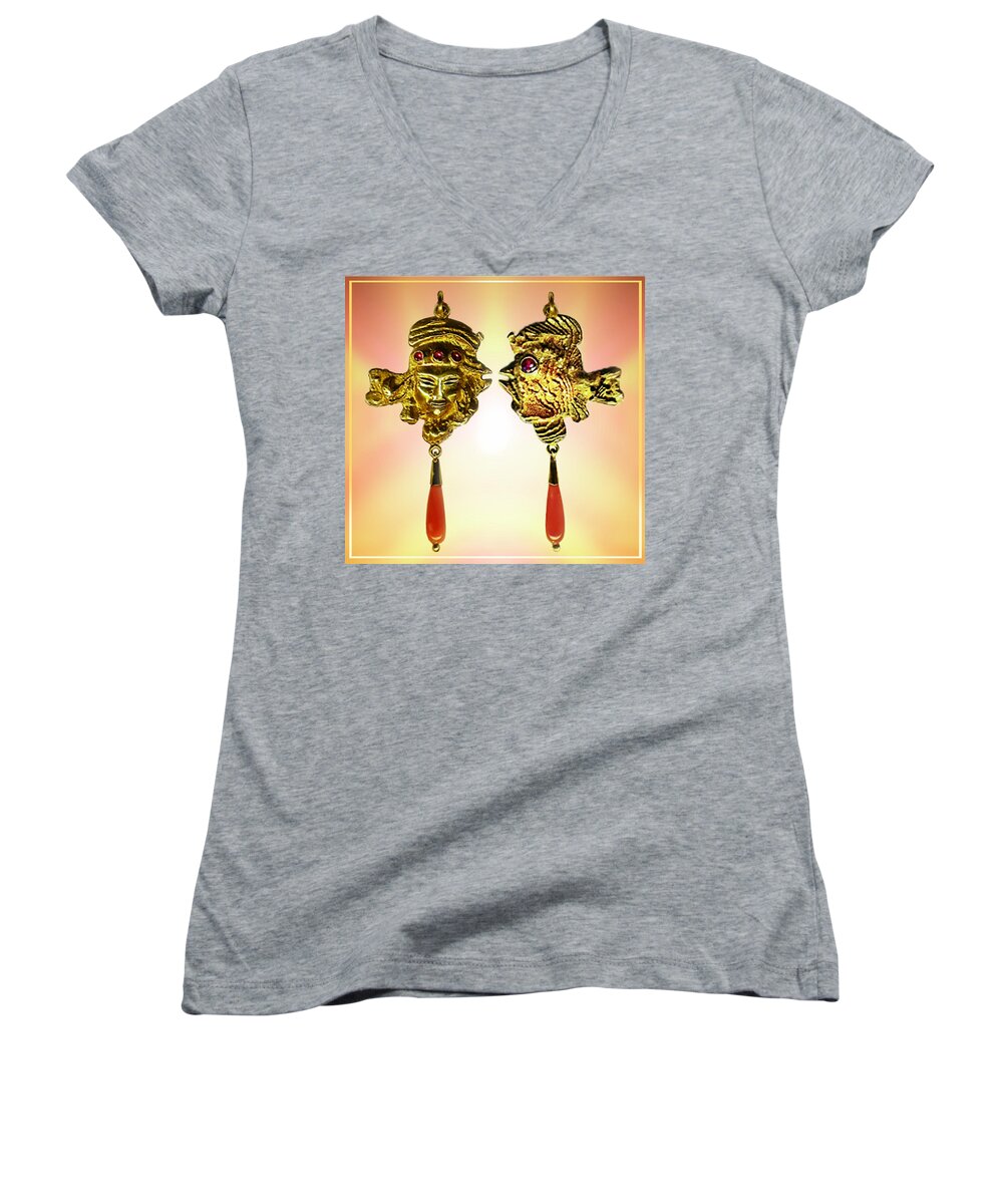 Gold Women's V-Neck featuring the sculpture One Gold Sculpture Pendant by Hartmut Jager