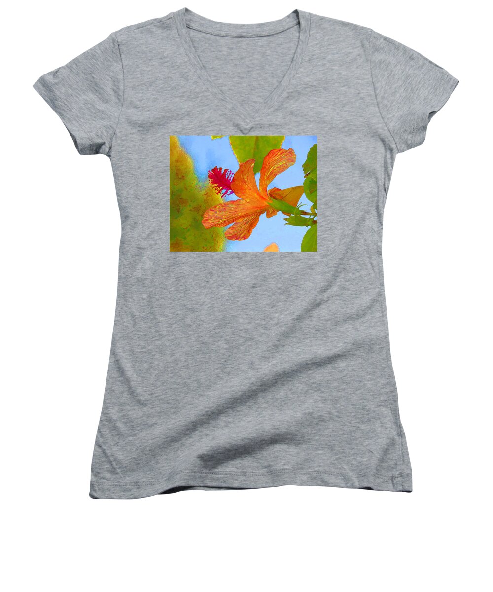 Hibiscus Women's V-Neck featuring the photograph Orange Hibiscus by Helaine Cummins