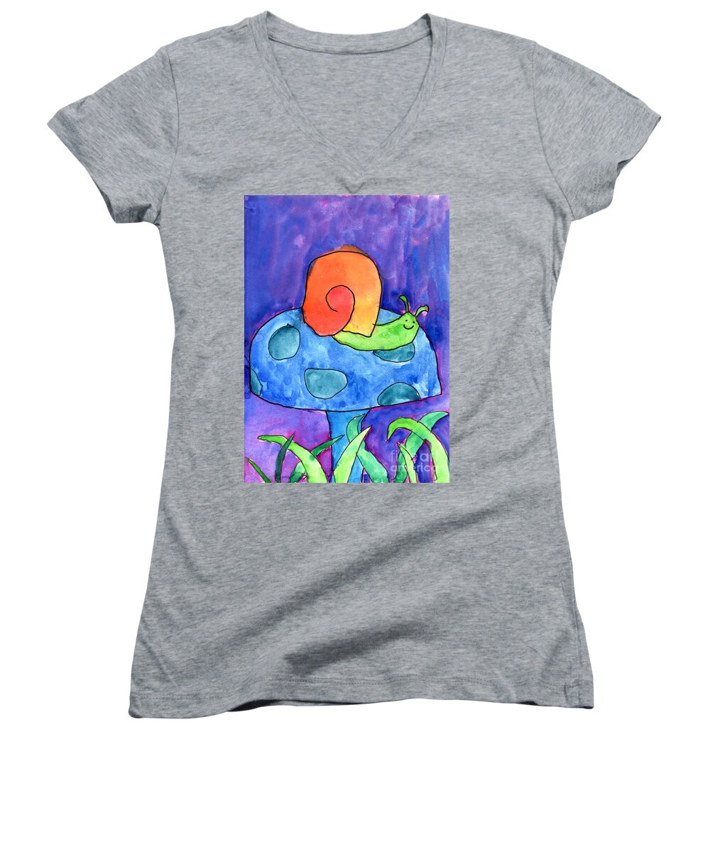 Snail Women's V-Neck featuring the painting Orange Snail by Nick Abrams Age Twelve