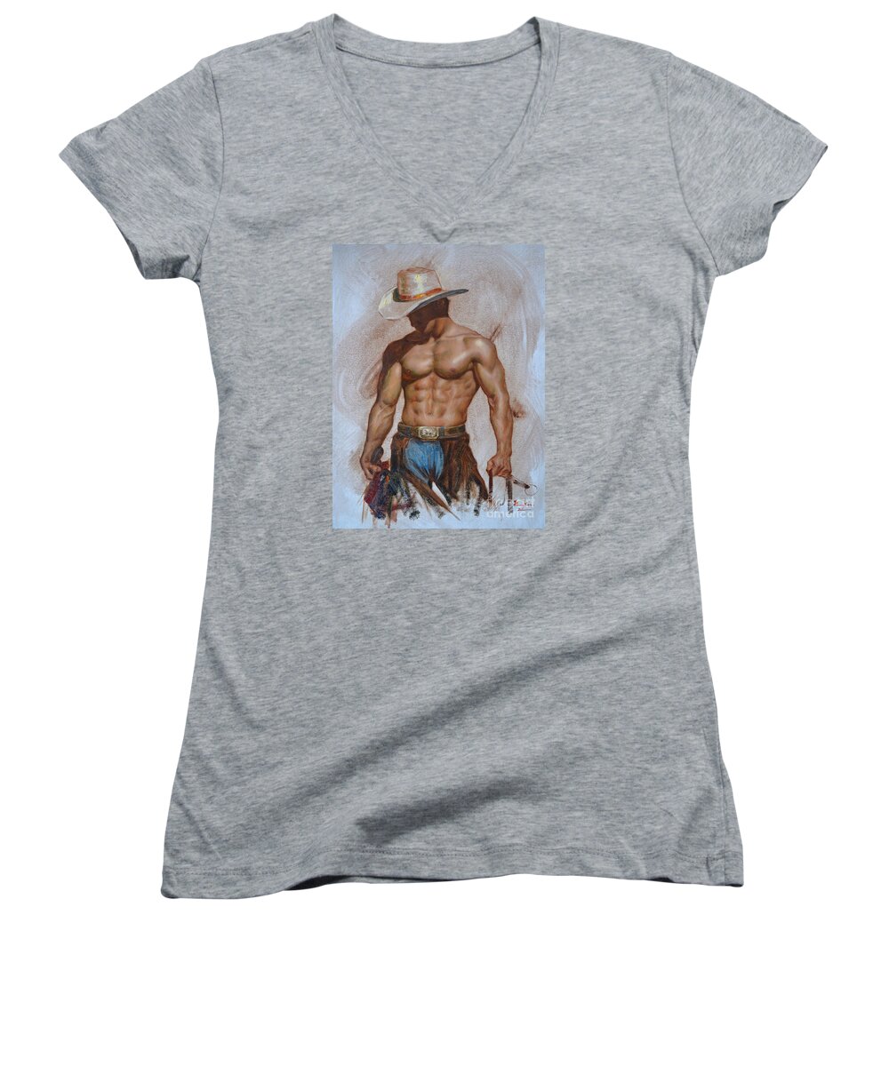 Original.oil Painting Women's V-Neck featuring the painting Original Oil Painting Gay Man Body Art-cowboy#16-2-5-19 by Hongtao Huang