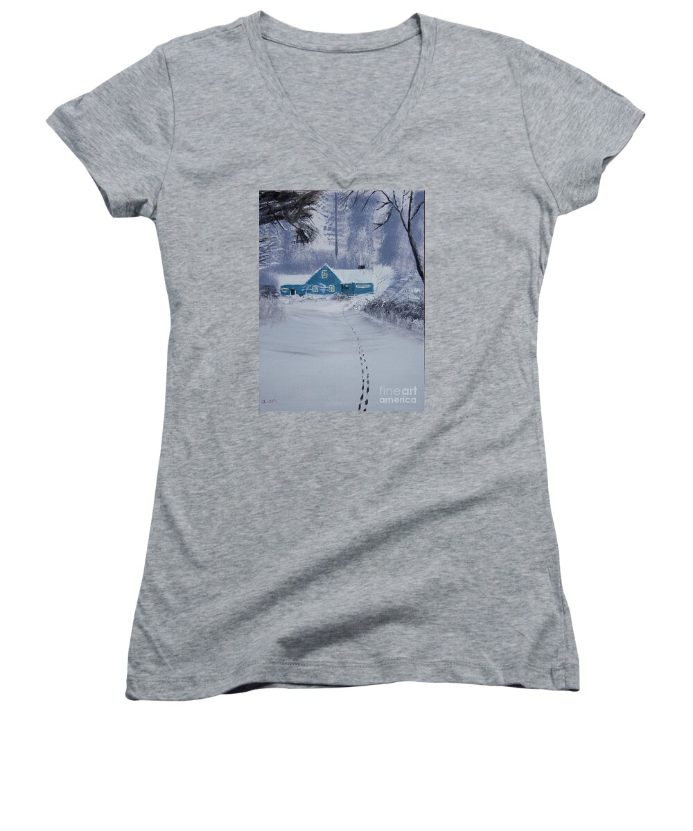 2008 Winter Women's V-Neck featuring the painting Our Little Cabin in the Snow by Ian Donley