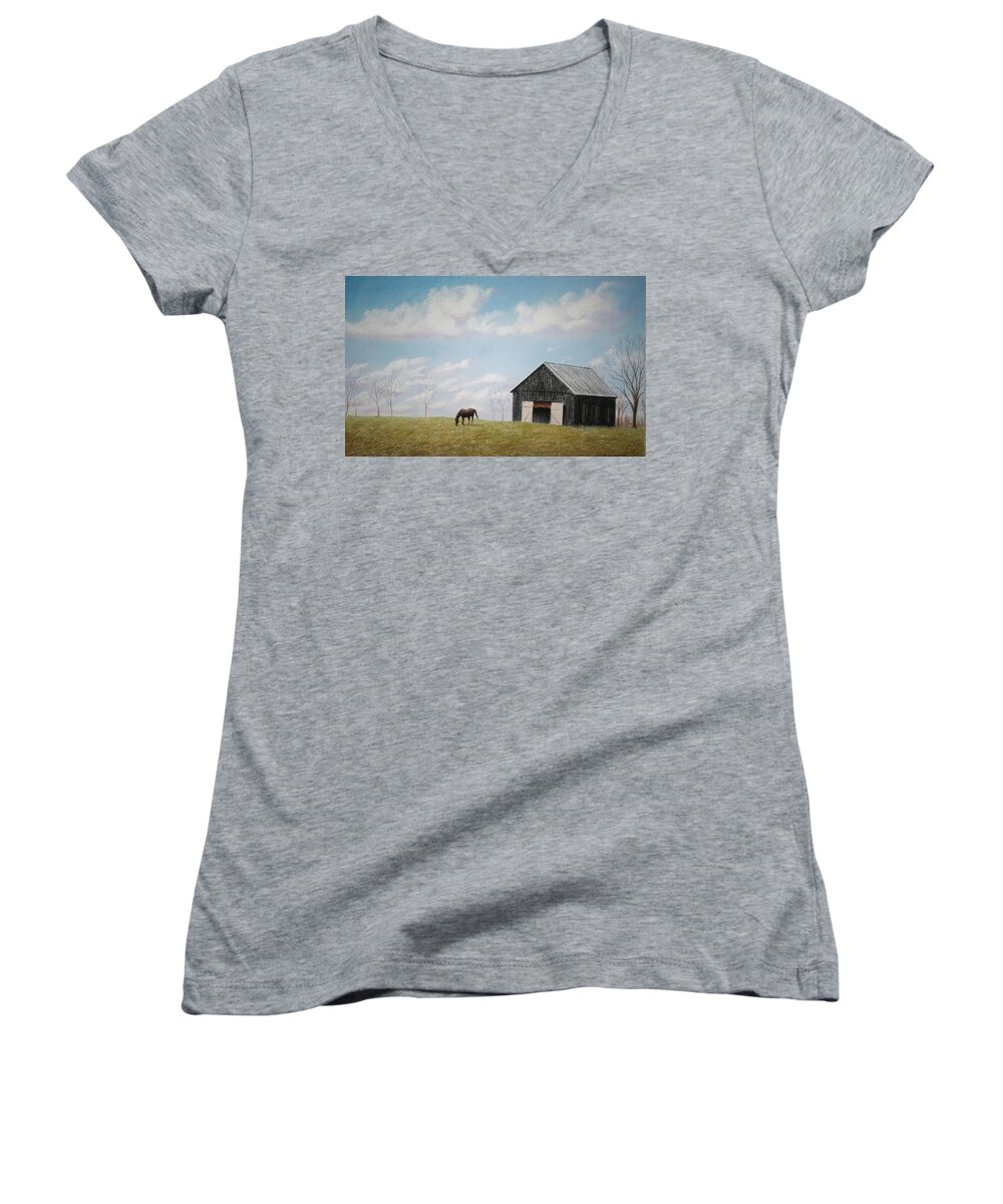 Horse Women's V-Neck featuring the pastel Out for Breakfast by Stacy C Bottoms