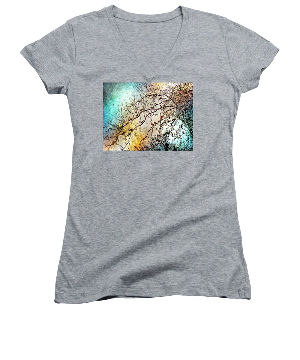 Sparrows Women's V-Neck featuring the painting Out On A Limb in Jewel Tones by Barbara Chichester