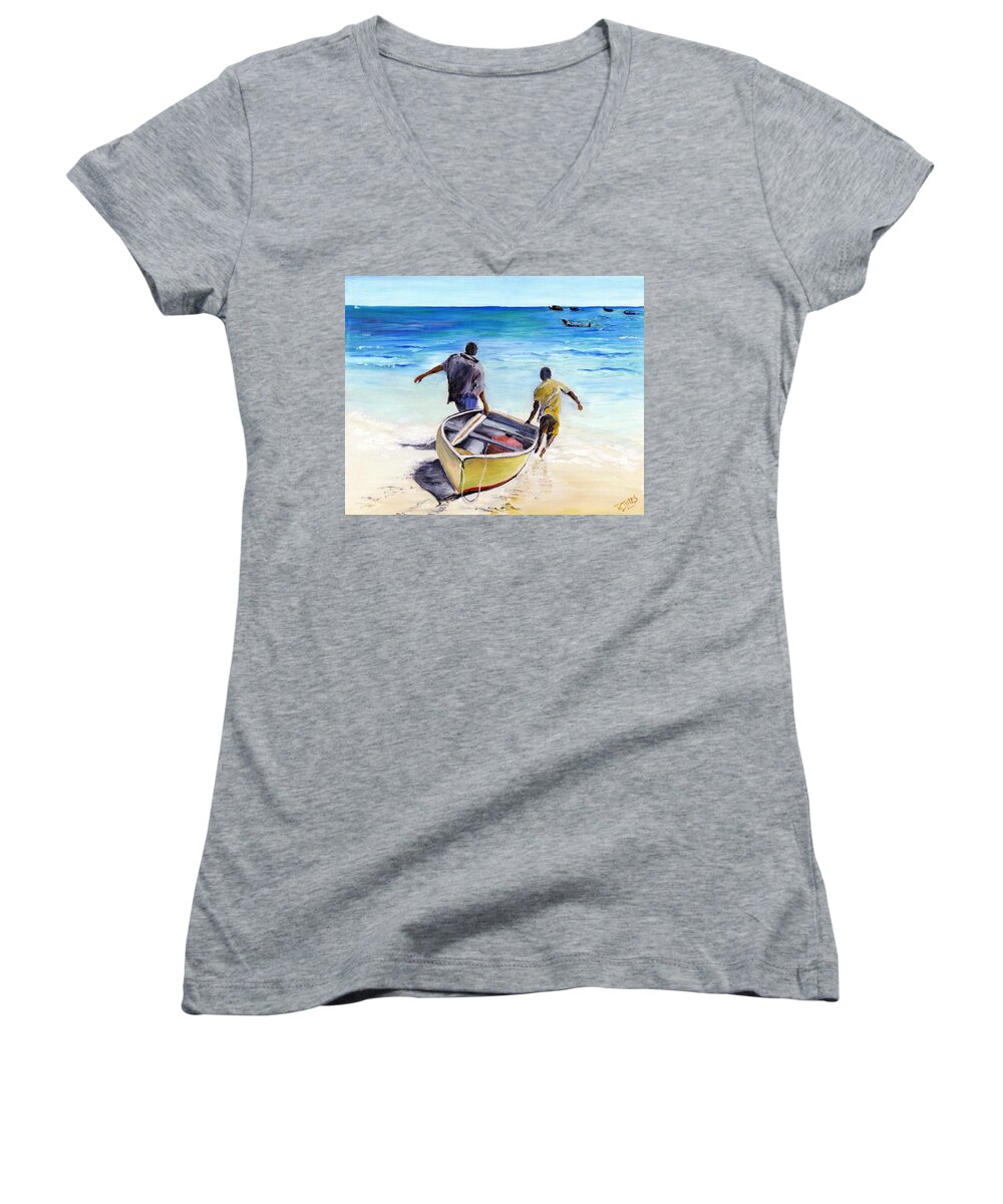 Barbados Women's V-Neck featuring the painting Out To Sea by Richard Jules