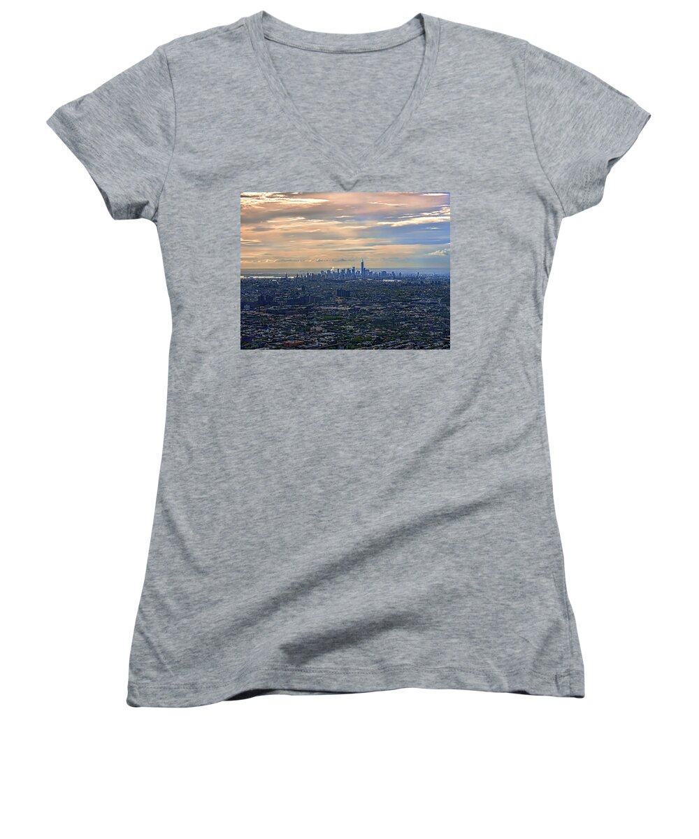 Nyc Skyline Women's V-Neck featuring the photograph Over East New York by S Paul Sahm