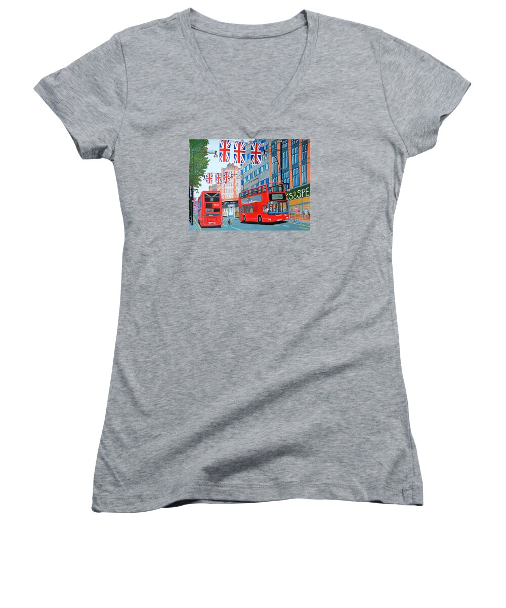 London Women's V-Neck featuring the painting Oxford Street- Queen's Diamond Jubilee by Magdalena Frohnsdorff