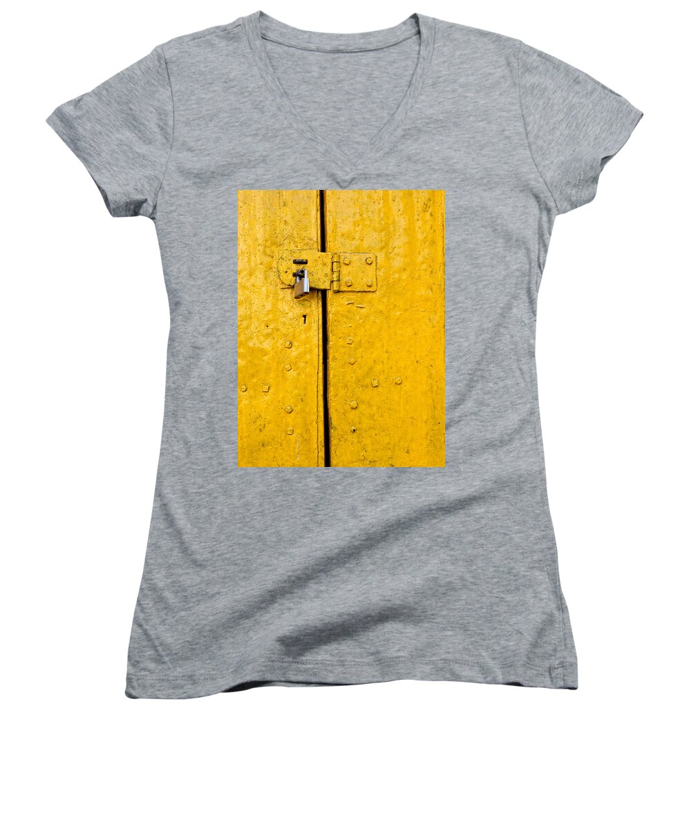 Padlock Women's V-Neck featuring the photograph Padlock on an old yellow door by Dutourdumonde Photography