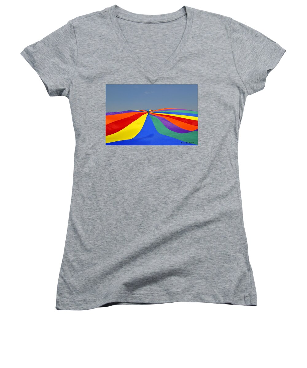Parachute Women's V-Neck featuring the photograph Parachute of many colors by Verana Stark