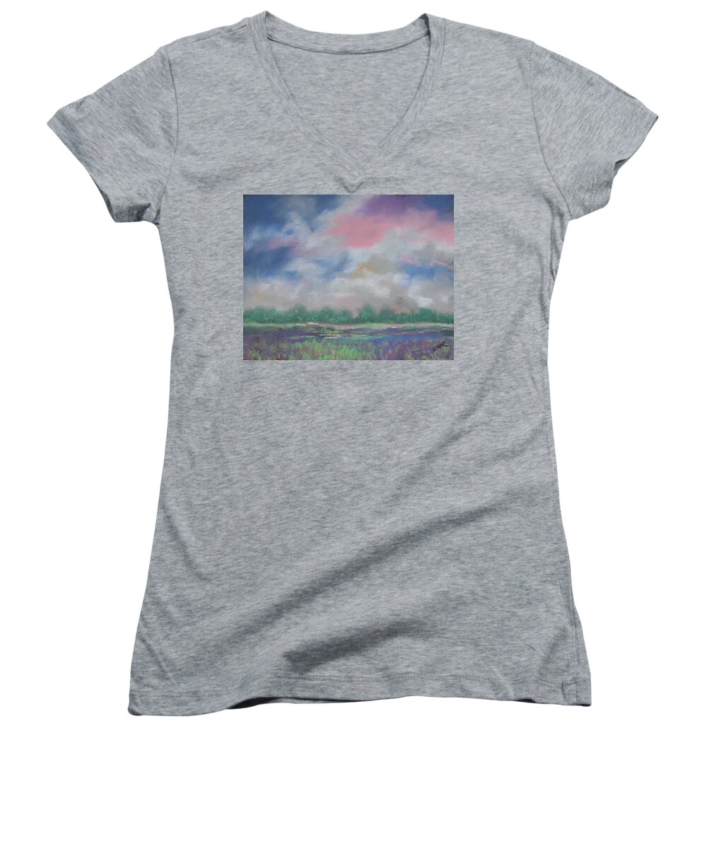 Pastel Women's V-Neck featuring the painting Pastel Sky by Terri Einer