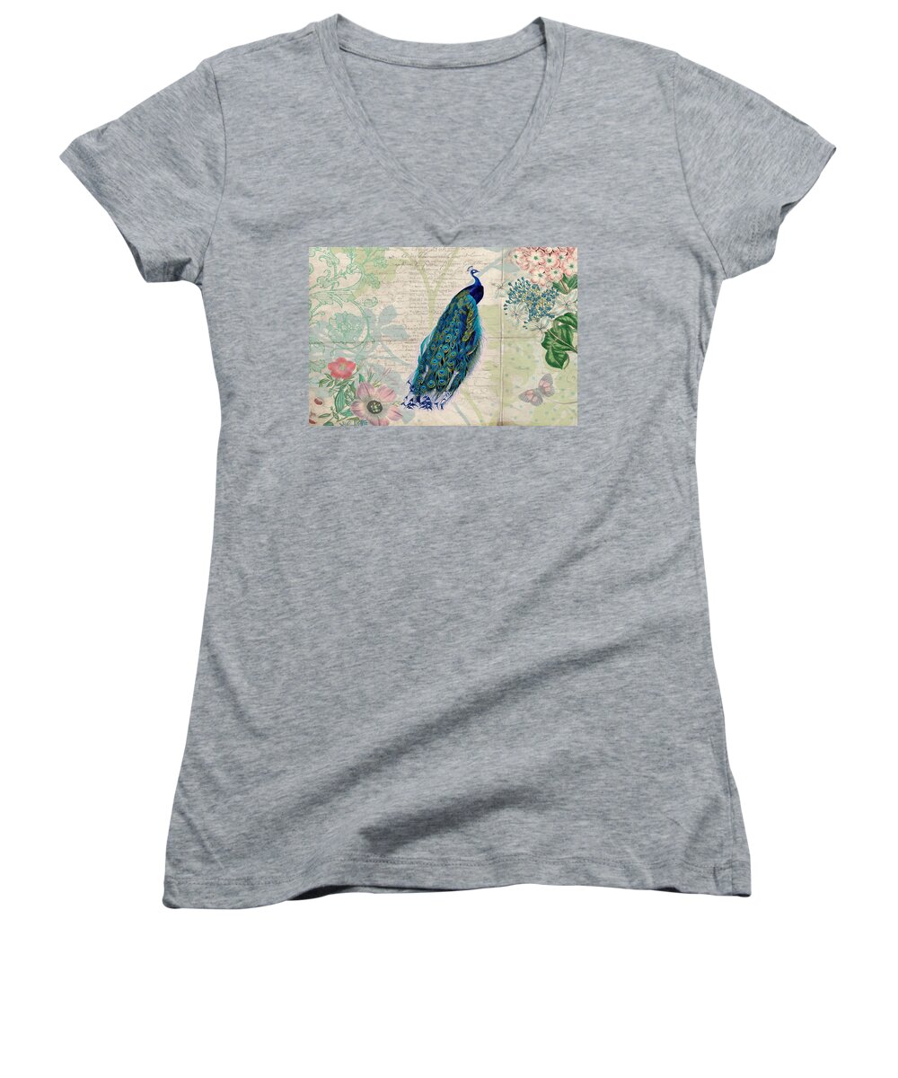 Peacocks Women's V-Neck featuring the digital art Peacock and Botanical Art by Peggy Collins