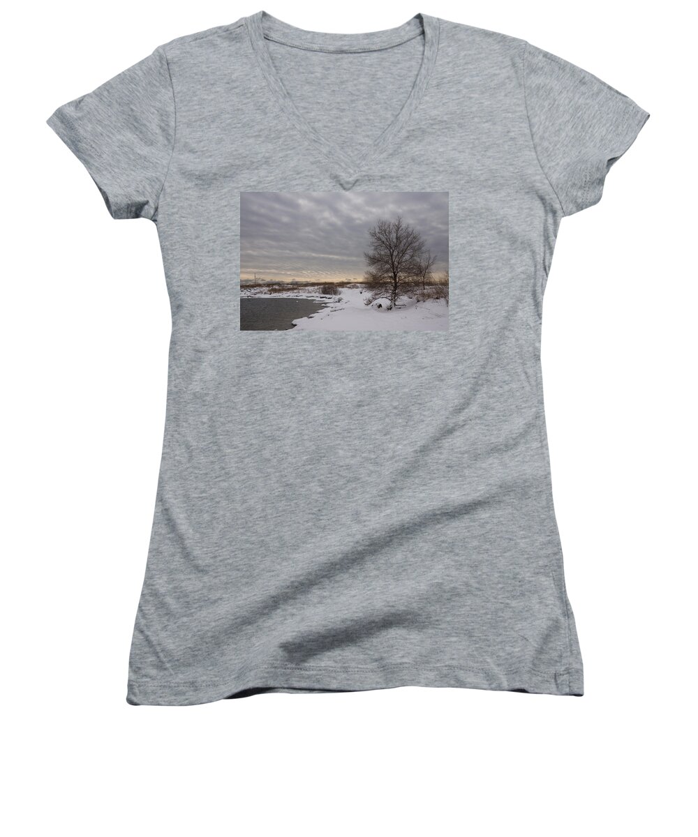 Pearly Women's V-Neck featuring the photograph Pearly Grays and Ripples by Georgia Mizuleva