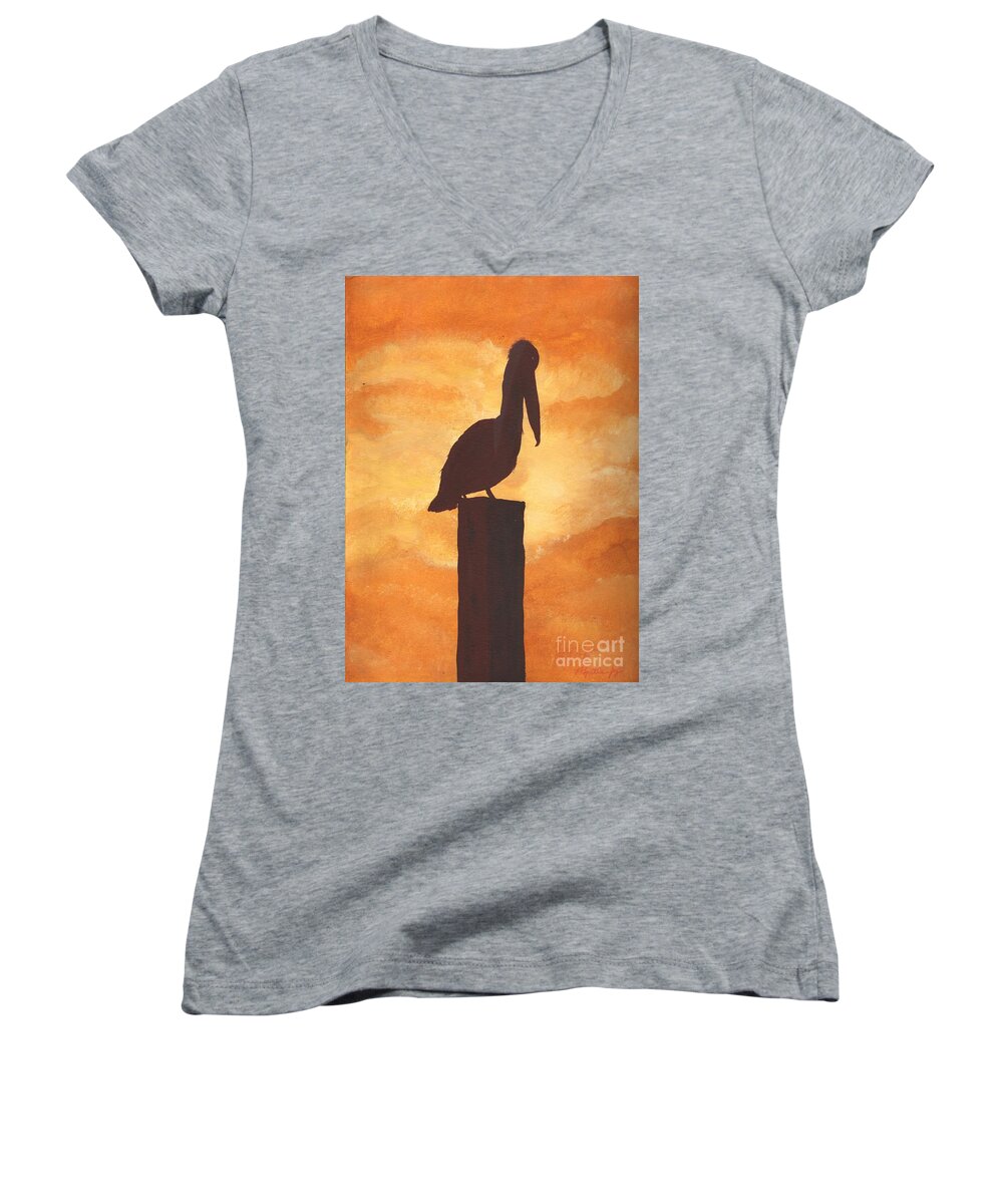 Art Women's V-Neck featuring the painting Pelican - Is He Looking At You ...or...away From You by Myrtle Joy