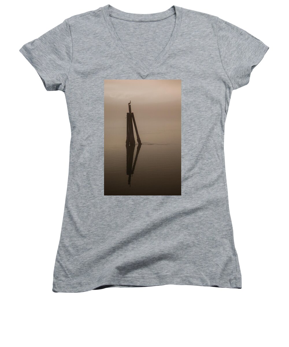 Foggy Women's V-Neck featuring the photograph Pelican on a Stick by Monte Arnold