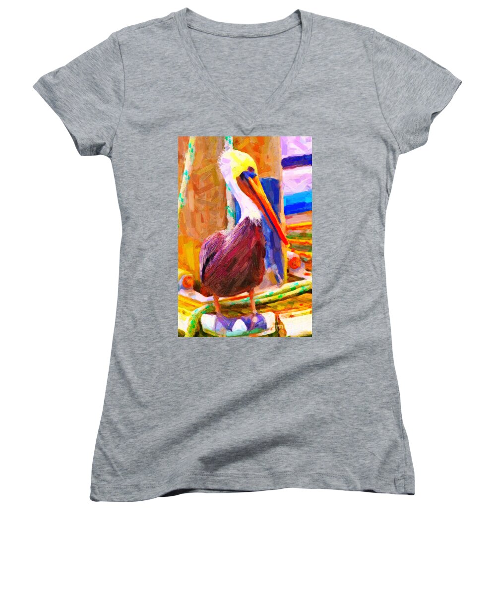 Animal Women's V-Neck featuring the photograph Pelican On The Dock by Wingsdomain Art and Photography