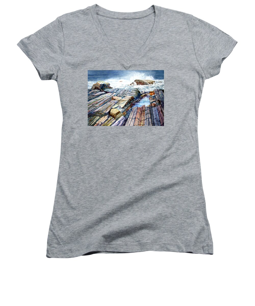 Maine Women's V-Neck featuring the painting Pemaquid Rocks by Roger Rockefeller