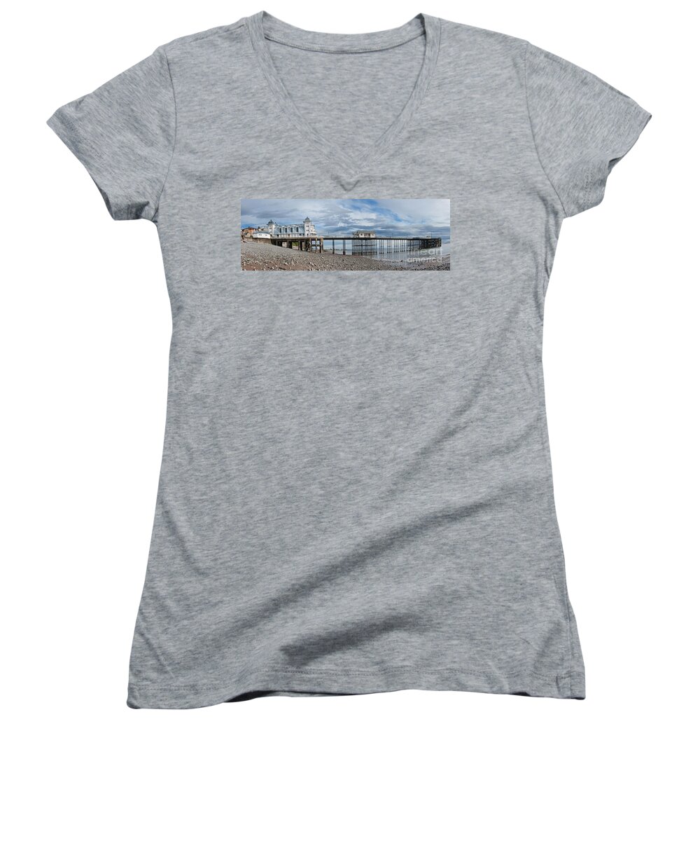 Penarth Pier Women's V-Neck featuring the photograph Penarth Pier Panorama 1 by Steve Purnell