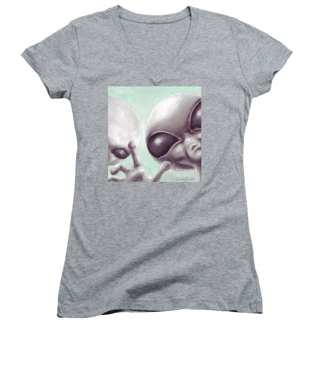 Alien Women's V-Neck featuring the drawing Personal Space Invaders by Samantha Geernaert