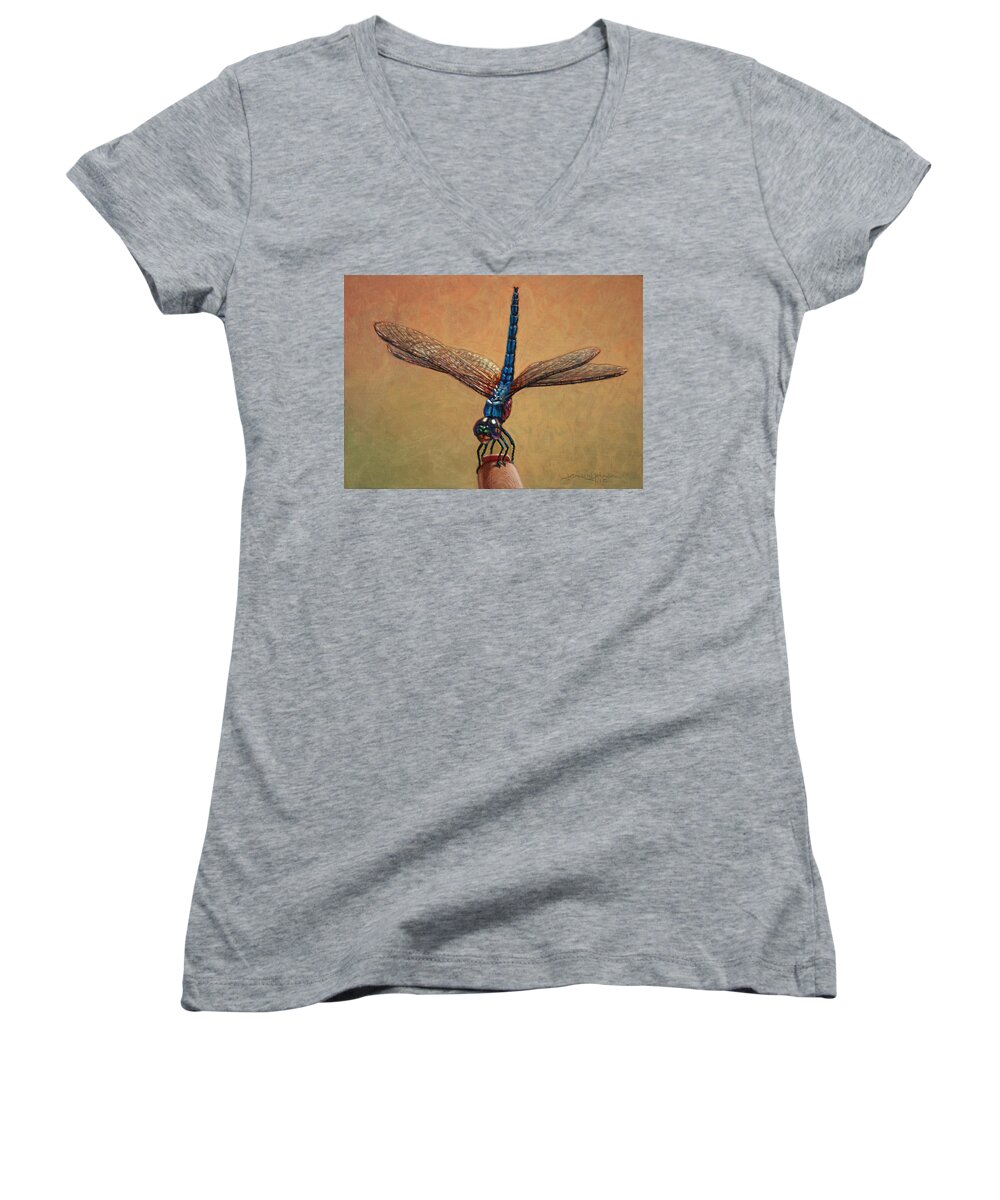 Dragonfly Women's V-Neck featuring the painting Pet Dragonfly by James W Johnson