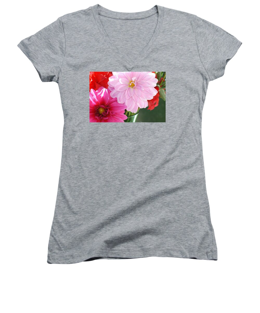 Flowers Women's V-Neck featuring the photograph Pink Dahlias in the morning by Lehua Pekelo-Stearns