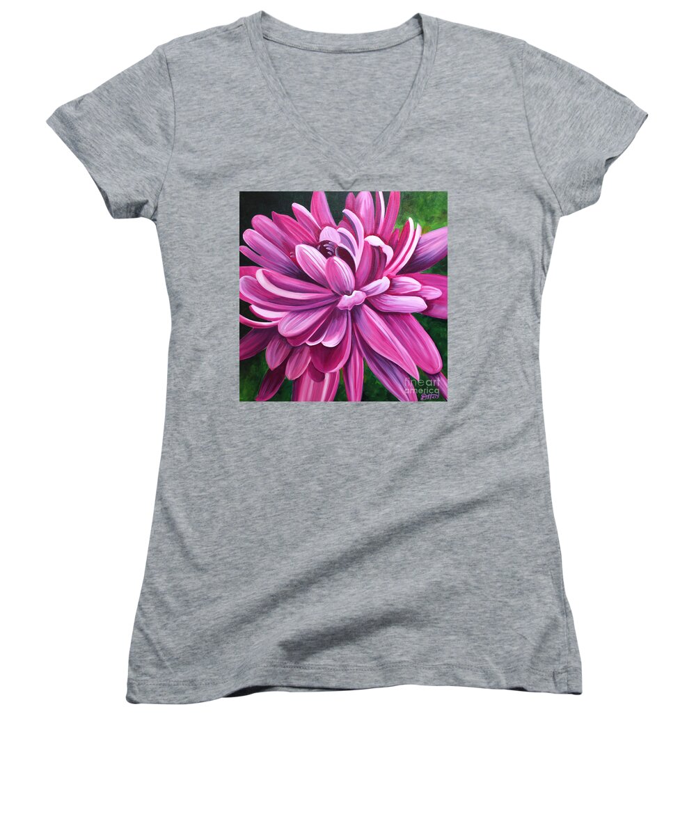 Pink Women's V-Neck featuring the painting Pink Flower Fluff by Debbie Hart