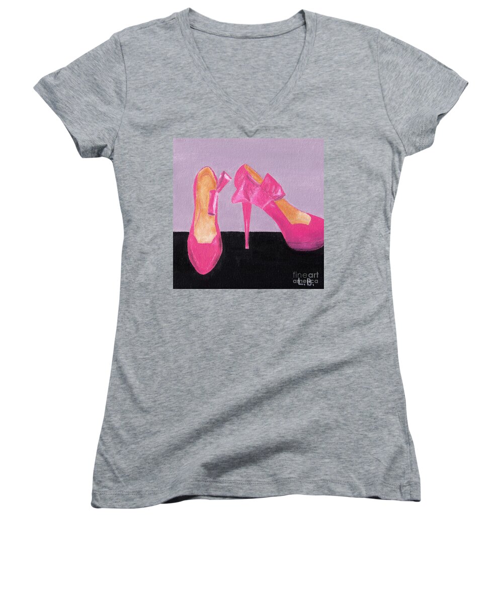 Pink Women's V-Neck featuring the painting Pink Shoes by Laurel Best